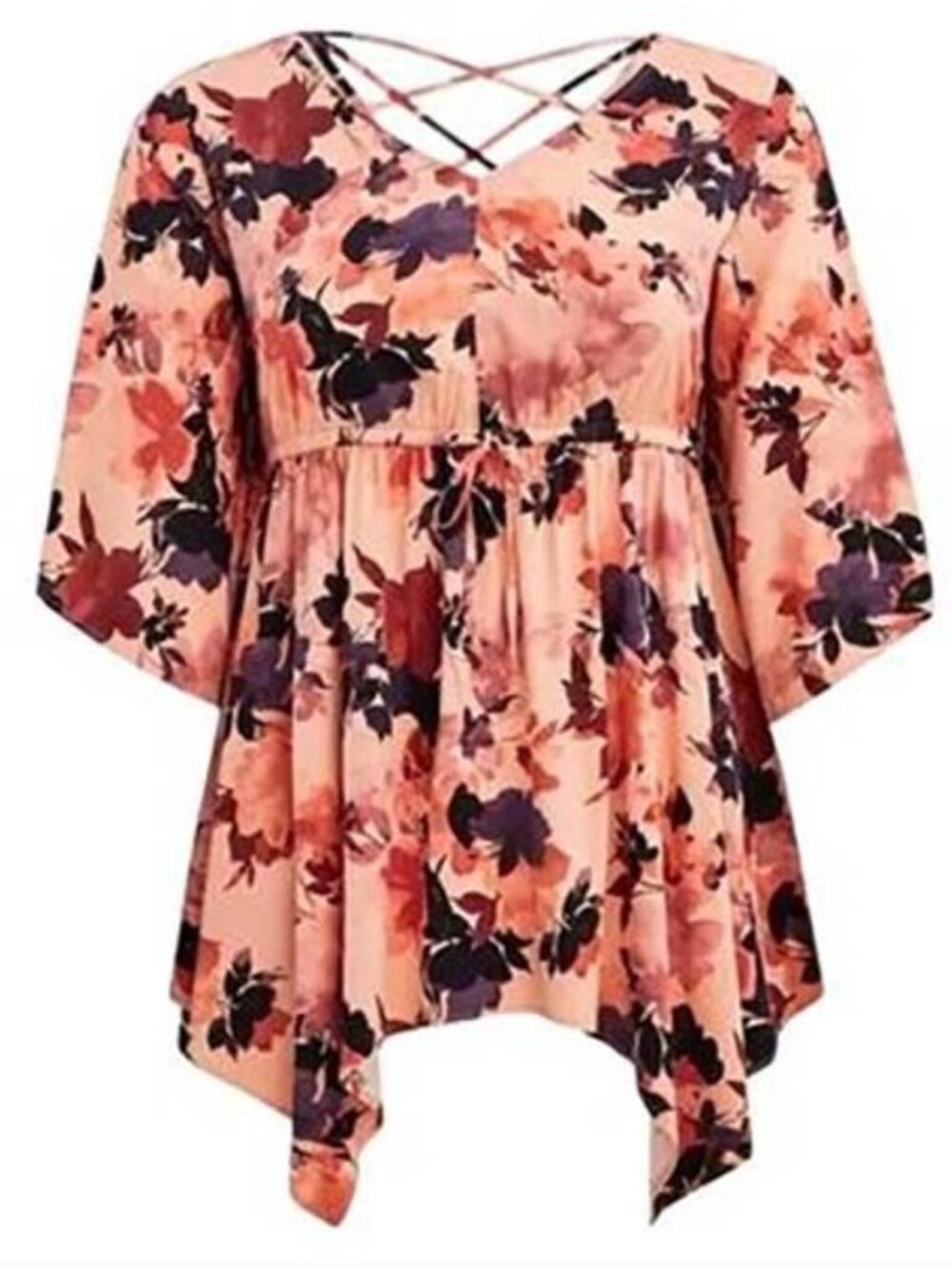Torrid Women's PLUS Size 2 Floral Handkerchief Top 3/4 Flutter Sleeve V-Neck